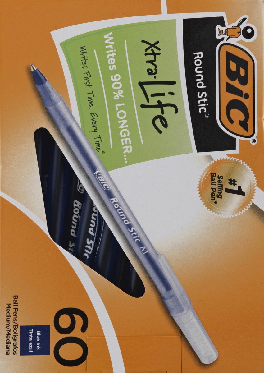 slide 5 of 9, BIC Round Stic Xtra Life Medium Point Ball Pen (1.mm)Box Blue, 60 ct