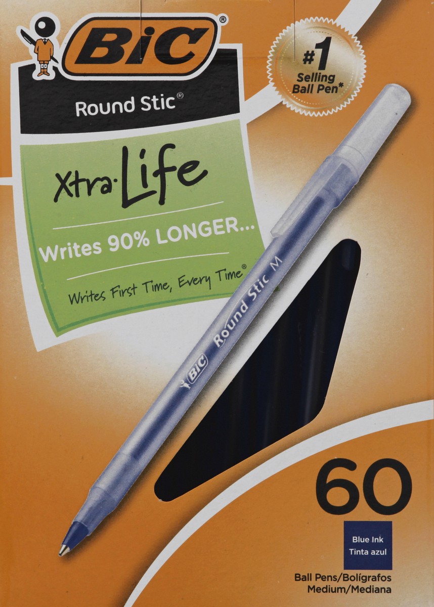 slide 8 of 9, BIC Round Stic Xtra Life Medium Point Ball Pen (1.mm)Box Blue, 60 ct
