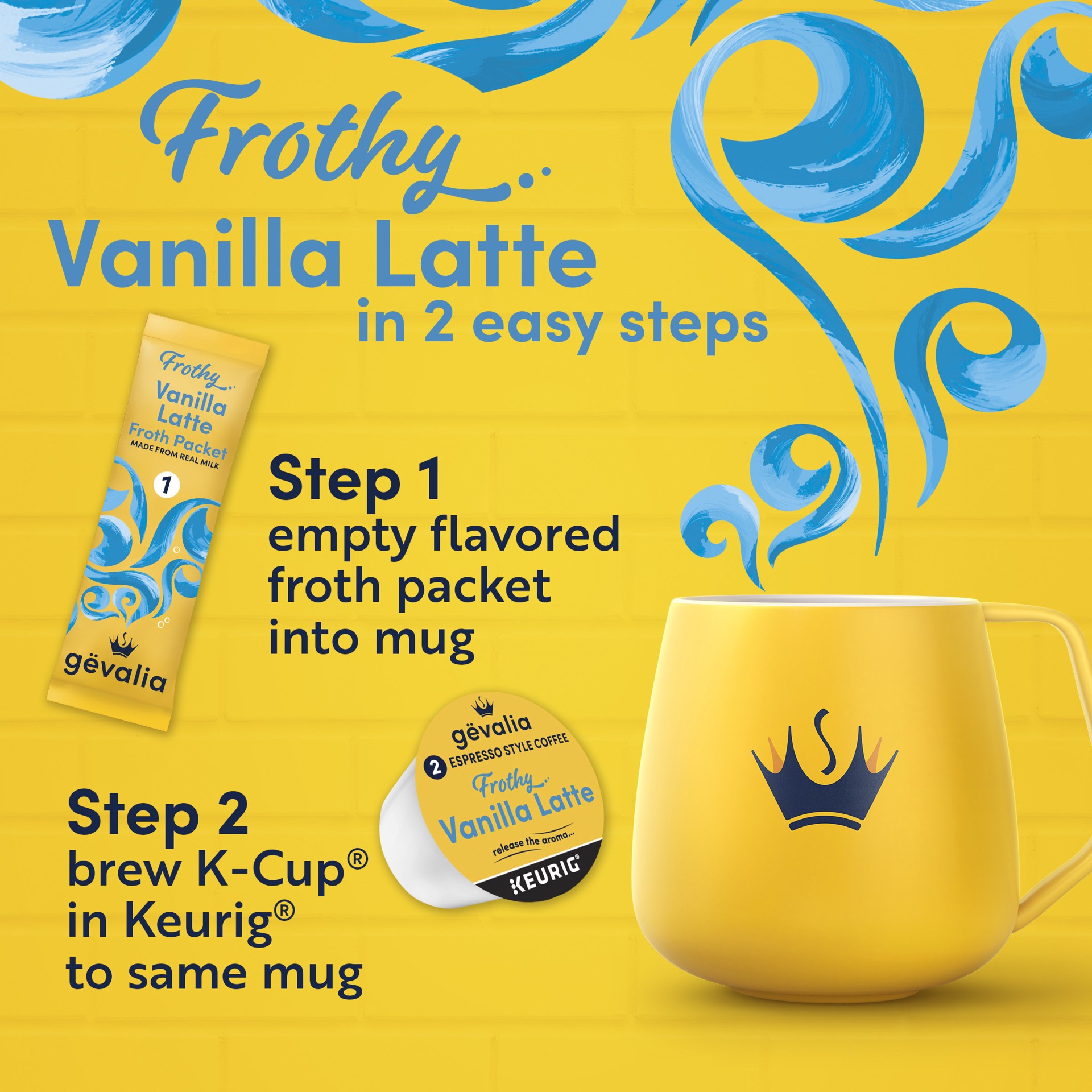 slide 2 of 5, Gevalia Frothy 2-Step Artificially Flavored Vanilla Latte Espresso Style K-Cup Coffee Pods & Froth Packets Kit, 6 ct Box, 6 ct