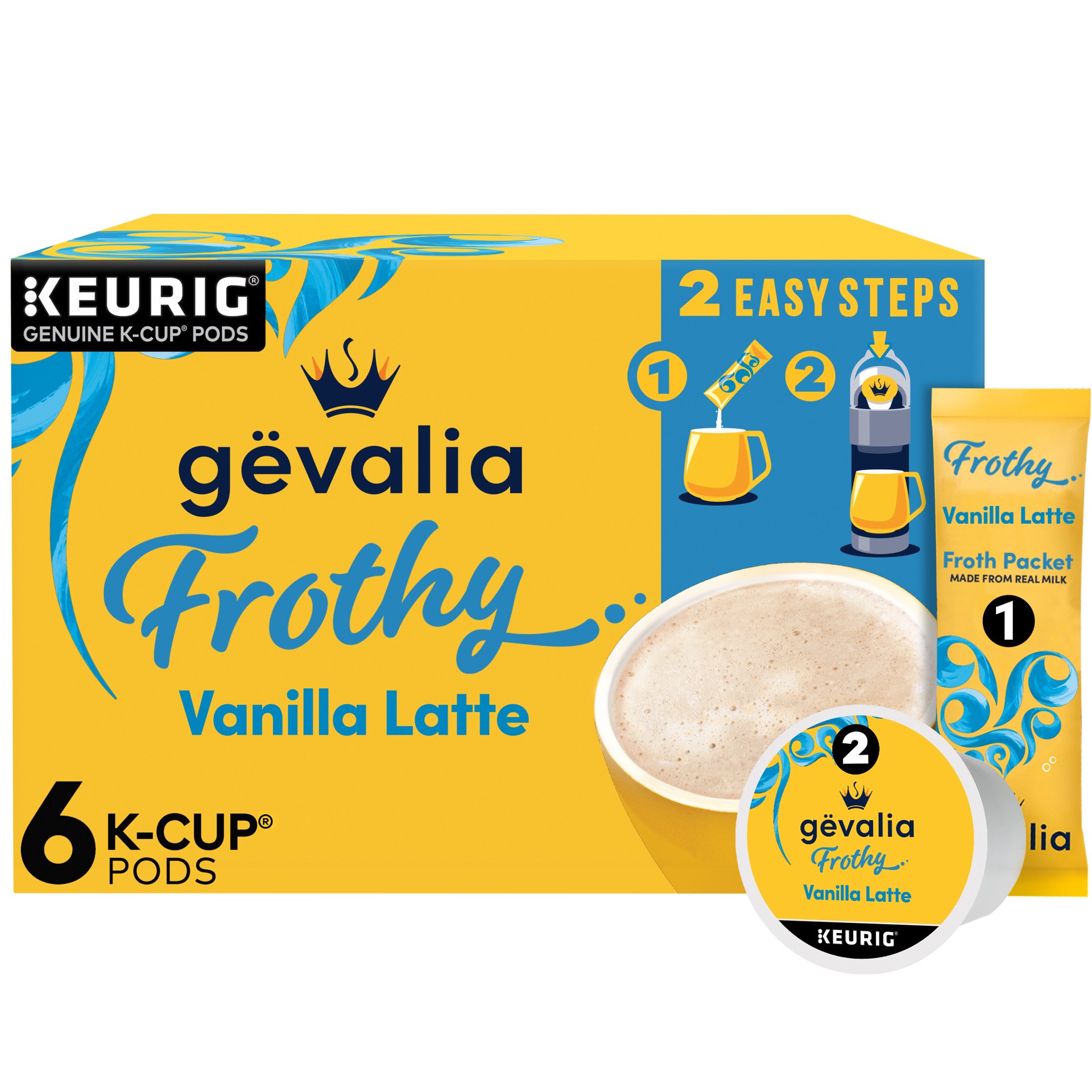 slide 1 of 5, Gevalia Frothy 2-Step Artificially Flavored Vanilla Latte Espresso Style K-Cup Coffee Pods & Froth Packets Kit, 6 ct Box, 6 ct