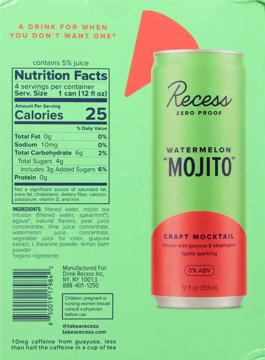 slide 13 of 13, Recess Watermelon Mojito Craft Mocktail 4 - 12 fl oz Cans, 4 ct