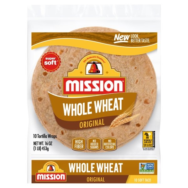 slide 1 of 4, Mission 100% Whole Wheat Soft Taco Flour Tortillas, 10 ct; 16 oz