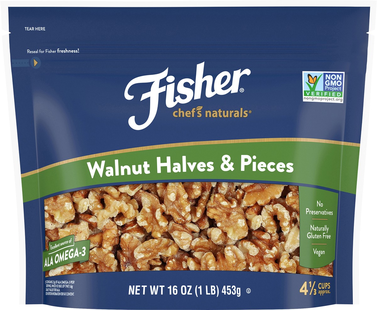 slide 1 of 9, Fisher Chef's Naturals Walnut Halves & Pieces 16 oz. Bag, 16 oz