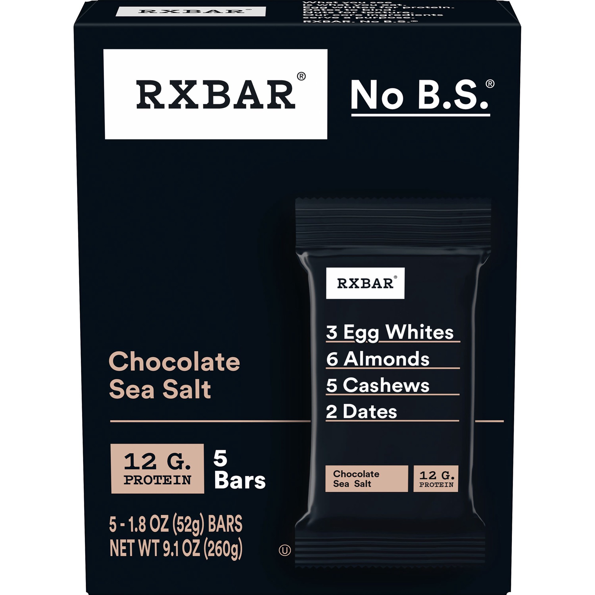 slide 1 of 4, RXBAR Protein Bars, Protein Snack, Snack Bars, Chocolate Sea Salt, 9.1oz, 5 Bars, 9.1 oz