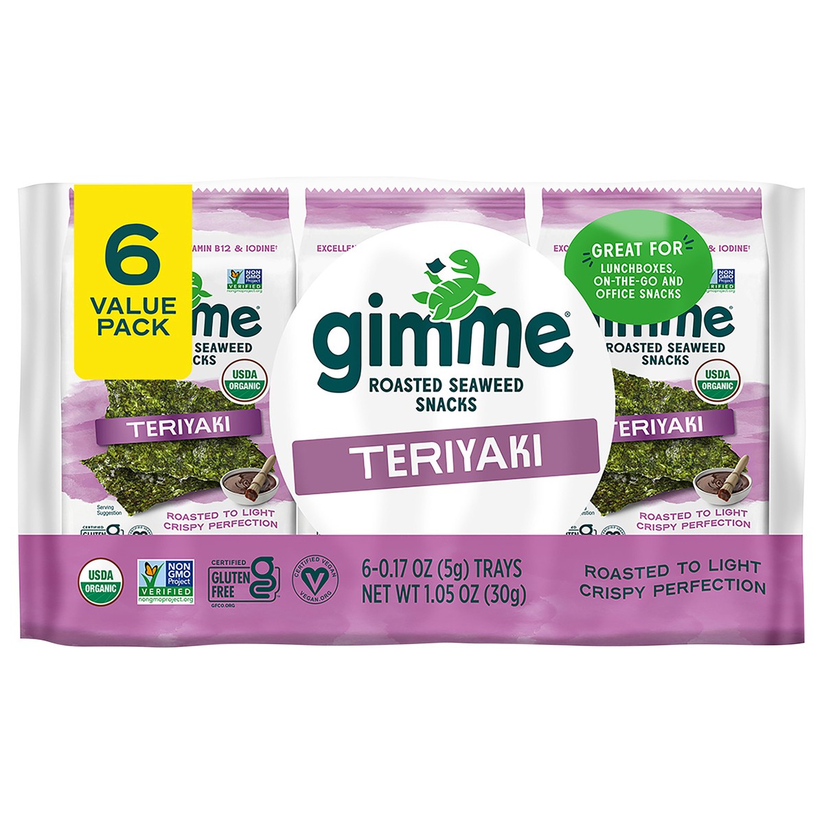 slide 1 of 10, gimMe Organic Roasted Teriyaki Seaweed Snacks Value Pack 6 - 0.17 oz Trays, 6 ct; 0.17 oz