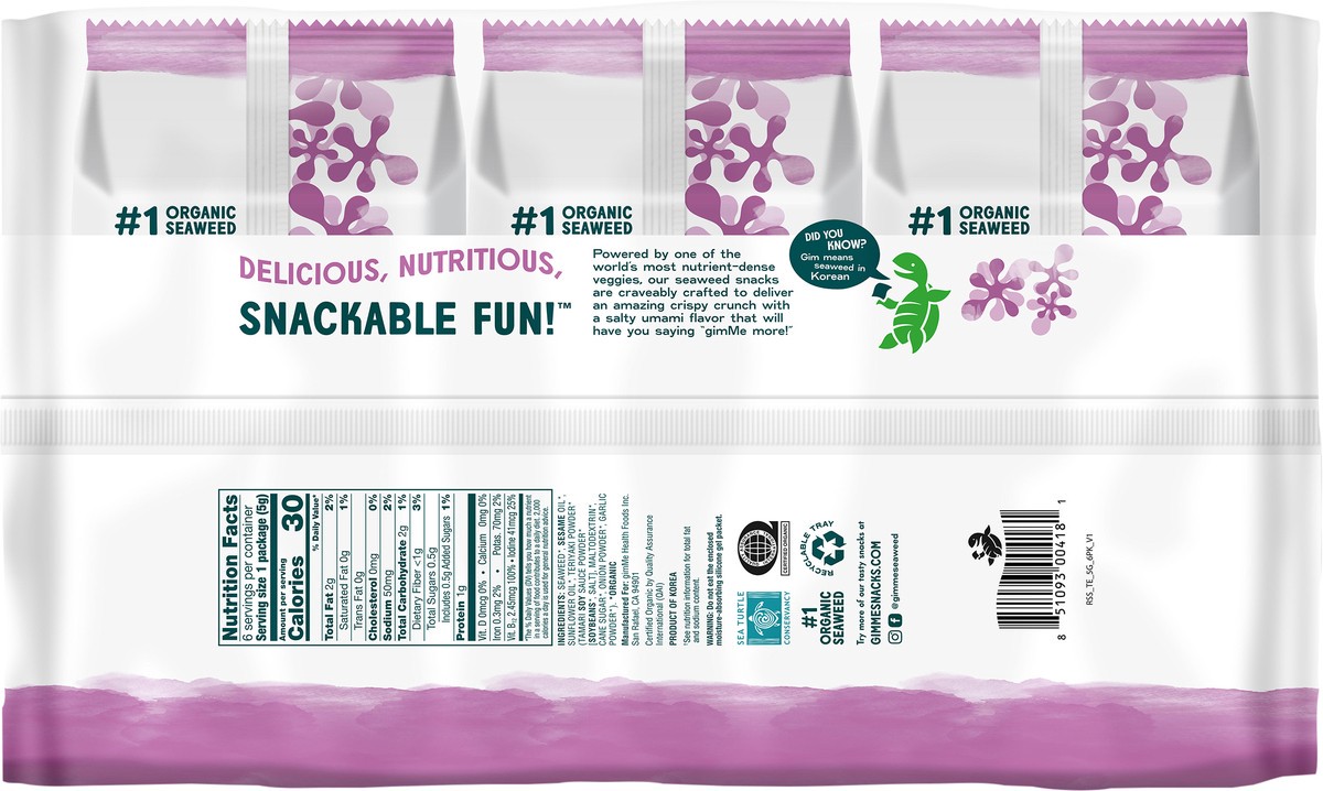 slide 7 of 10, gimMe Organic Roasted Teriyaki Seaweed Snacks Value Pack 6 - 0.17 oz Trays, 6 ct; 0.17 oz