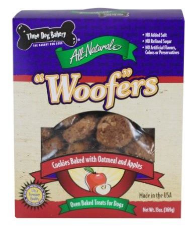 slide 1 of 9, Three Dog Bakery Original Woofers For Dogs With Oats And Apples, 13 oz