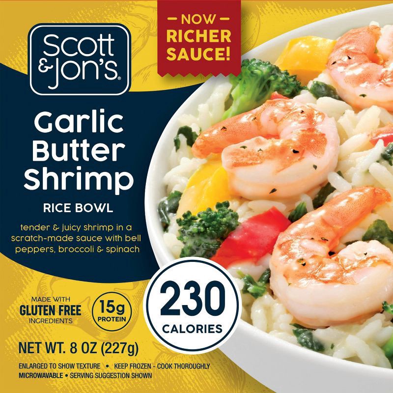 slide 1 of 9, Scott & Jon's Garlic Butter Shrimp Frozen Meal, 9.6 oz