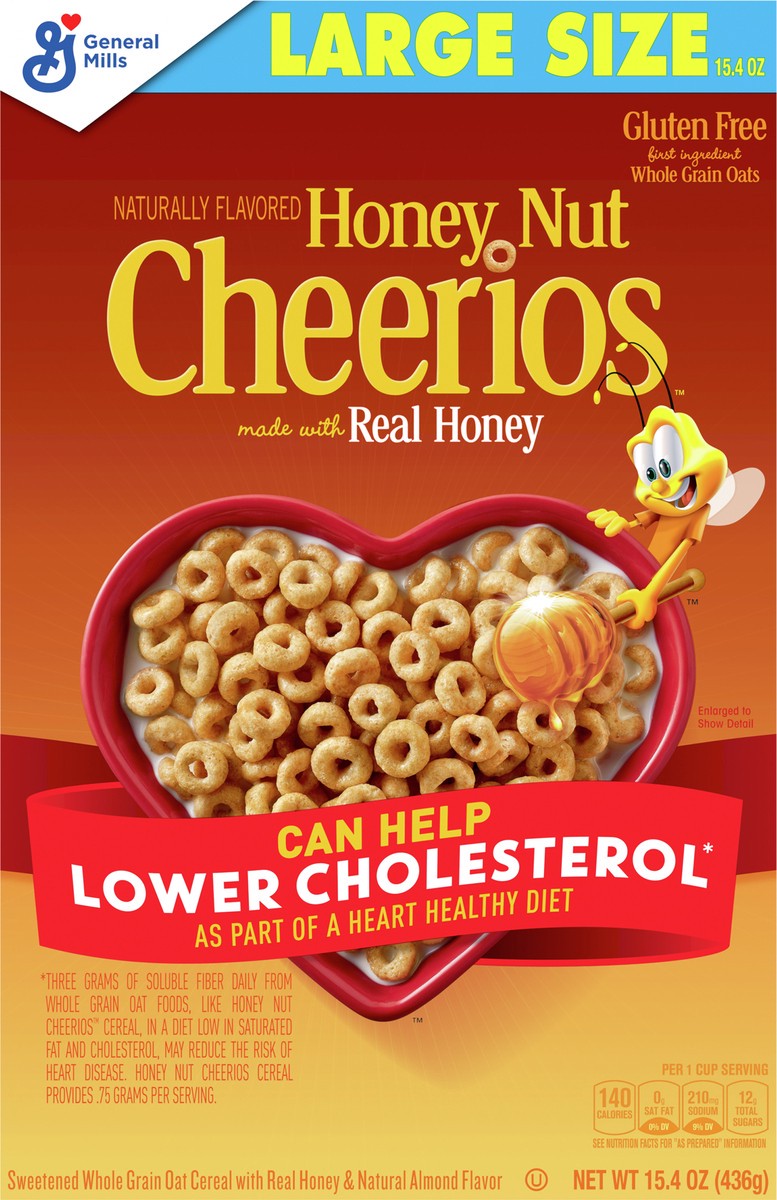 slide 3 of 9, Cheerios Honey Nut Cheerios Cereal, Limited Edition Happy Heart Shapes, Heart Healthy Cereal With Whole Grain Oats, Large Size, 15.4 oz, 15.4 oz