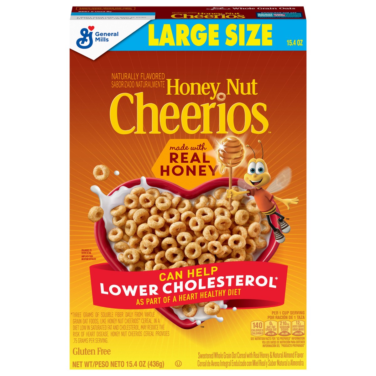 slide 1 of 9, Cheerios Honey Nut Cheerios Heart Healthy Breakfast Cereal, Gluten Free Cereal With Whole Grain Oats, Large Size, 15.4 oz, 15.4 oz