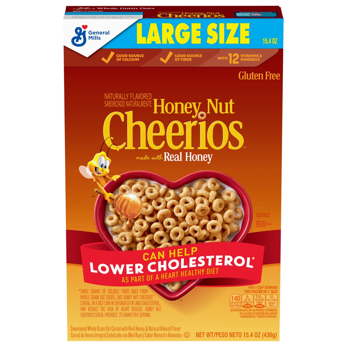 slide 1 of 9, Cheerios Honey Nut Cheerios Heart Healthy Breakfast Cereal, Gluten Free Cereal With Whole Grain Oats, Large Size, 15.4 oz, 15.4 oz