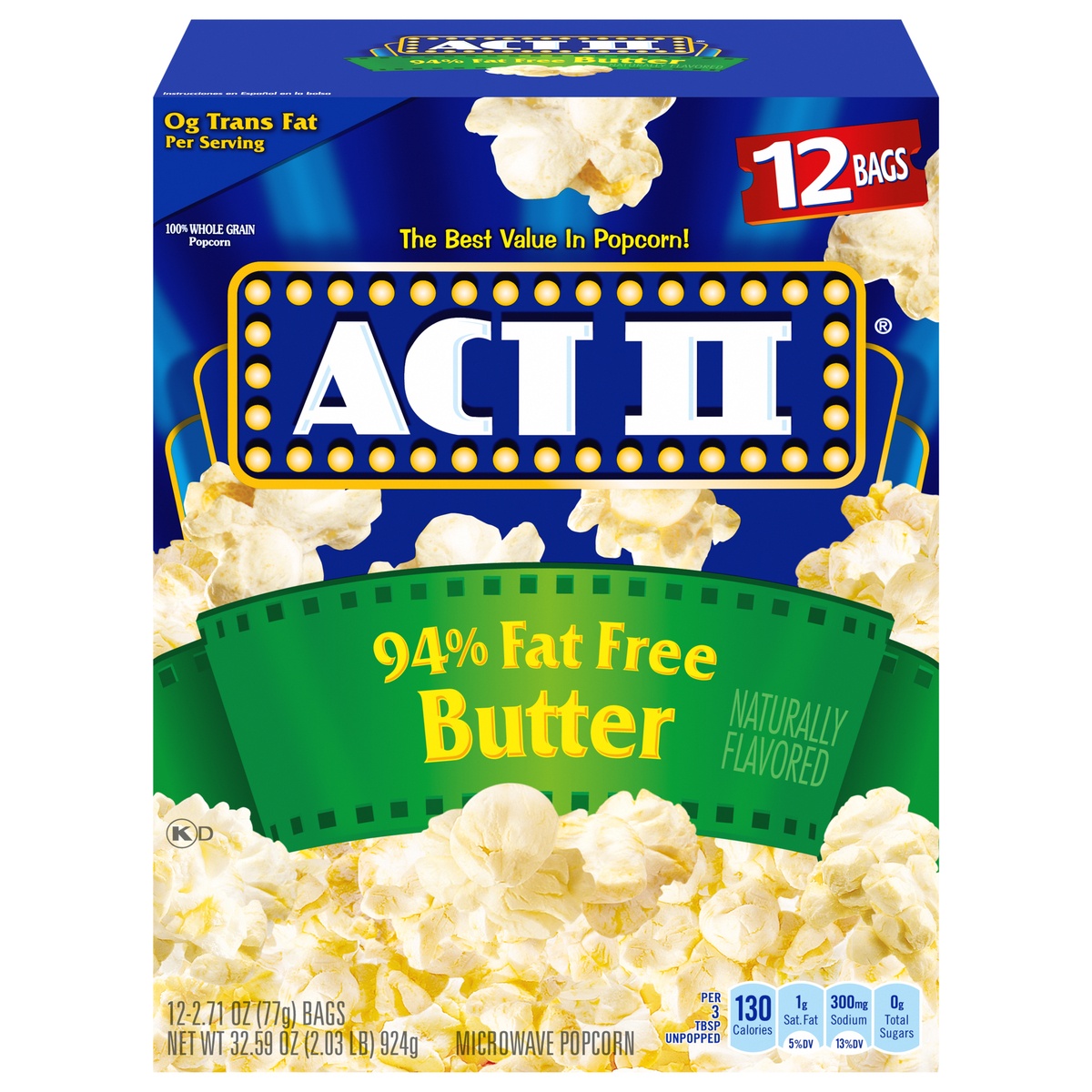 slide 1 of 1, ACT II Popcorn 94% Fat Free Butter, 12 ct