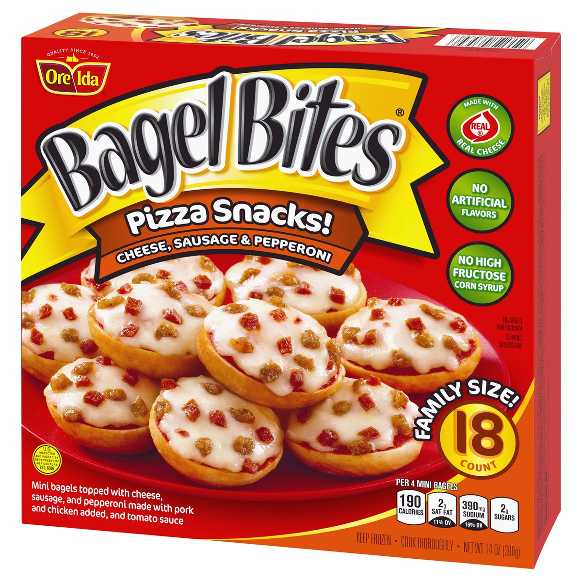 slide 2 of 9, Bagel Bites Cheese, Sausage & Pepperoni Mini Pizza Bagel Frozen Snacks, 18 ct Box, 18 ct; 14 oz