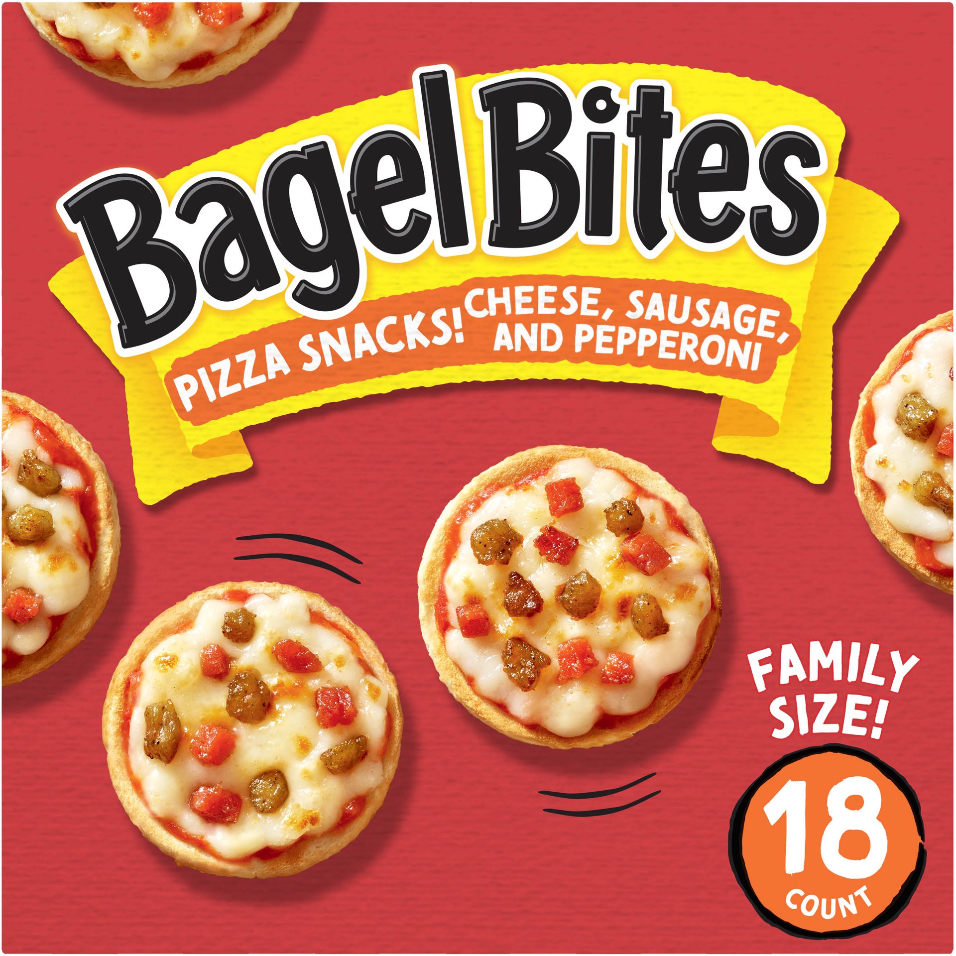 slide 1 of 9, Bagel Bites Cheese, Sausage & Pepperoni Mini Pizza Bagel Frozen Snacks, 18 ct Box, 18 ct; 14 oz