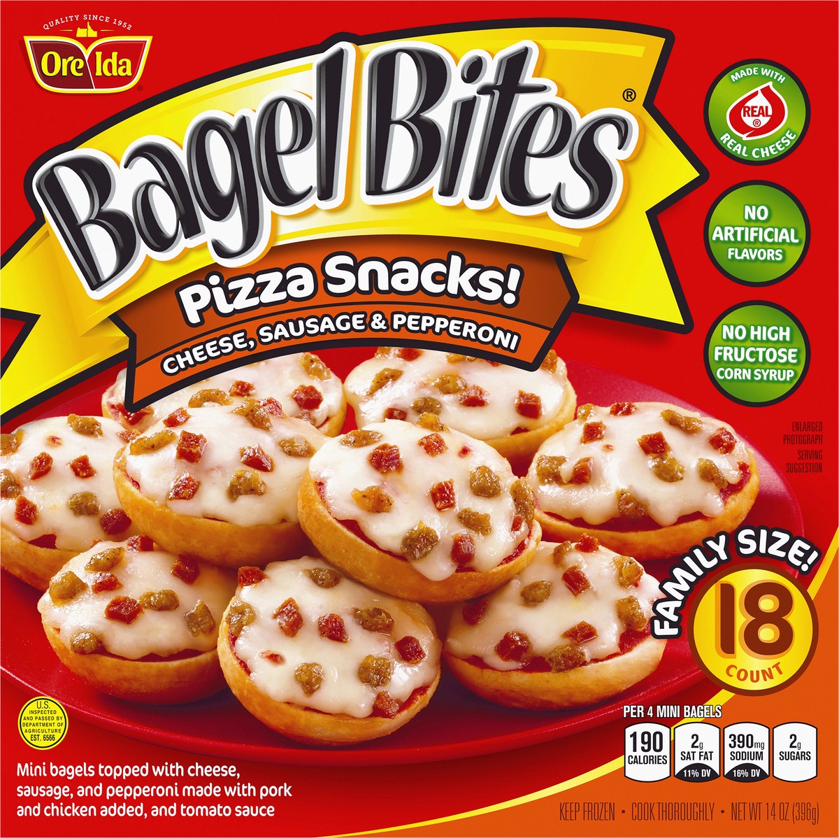 slide 8 of 9, Bagel Bites Cheese, Sausage & Pepperoni Mini Pizza Bagel Frozen Snacks, 18 ct Box, 18 ct; 14 oz