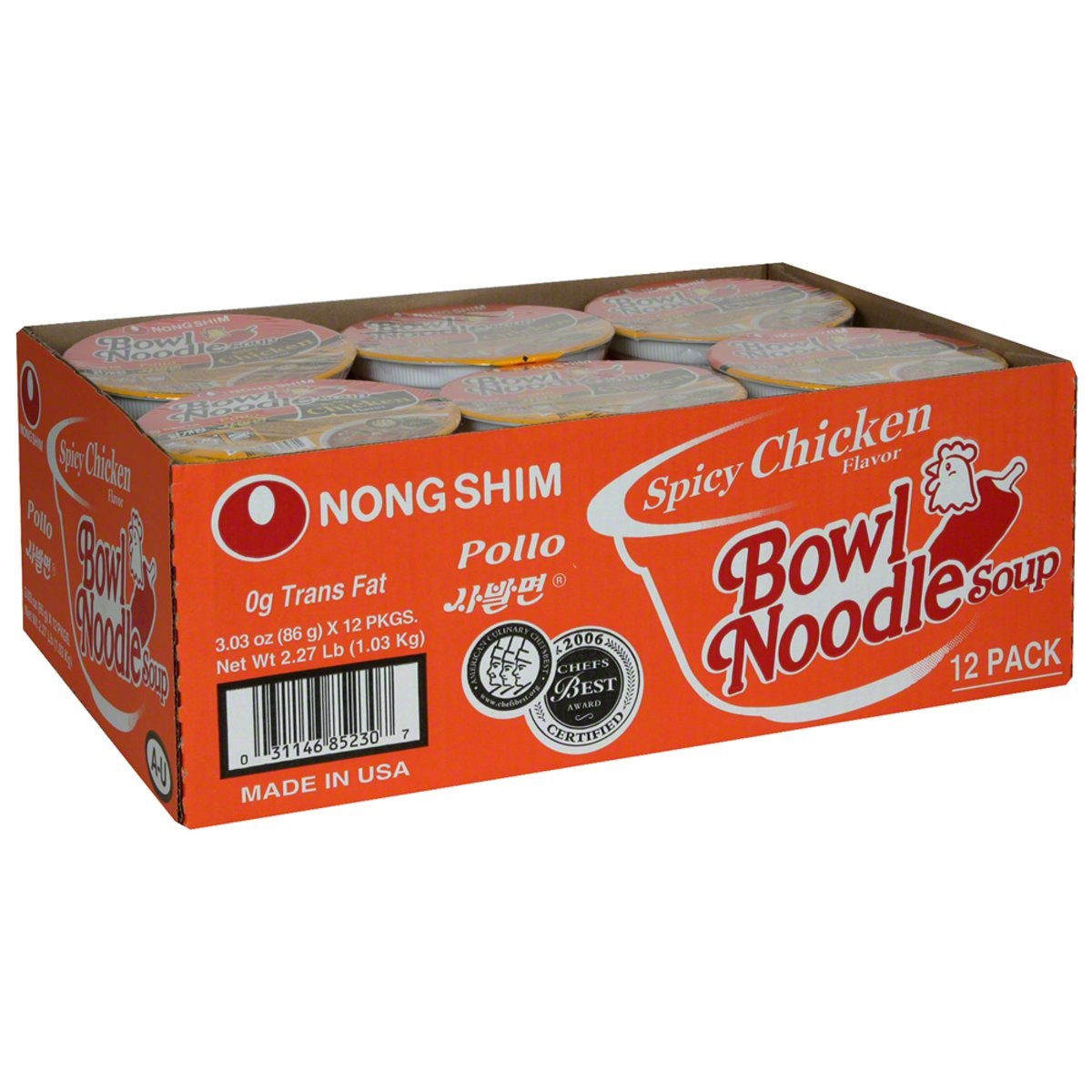 slide 1 of 1, Nongshim Bowl Noodle Soup, Spicy Chicken Flavor, 12 ct