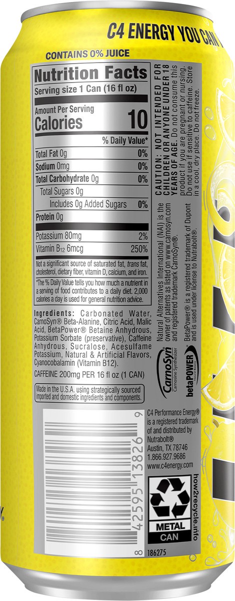 slide 8 of 11, C4 Sport Performance Classic Lemonade Energy Drink, 16 fl oz can, 16 fl oz