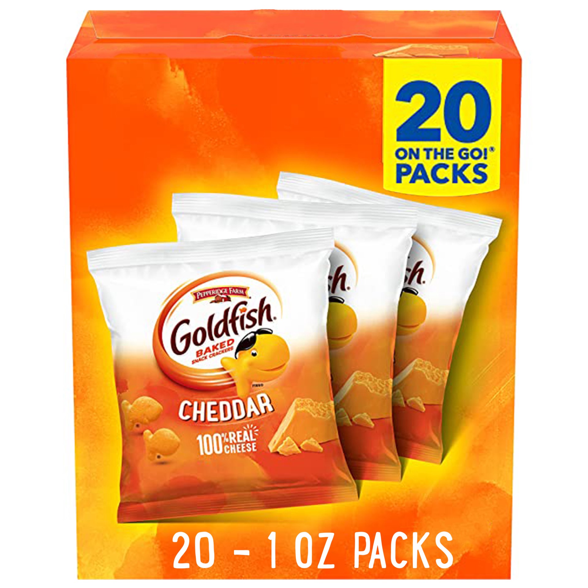 slide 1 of 9, Goldfish Cheddar Cheese Crackers, 1 oz On-the-Go Snack Packs, 20 Count Box, 20 oz