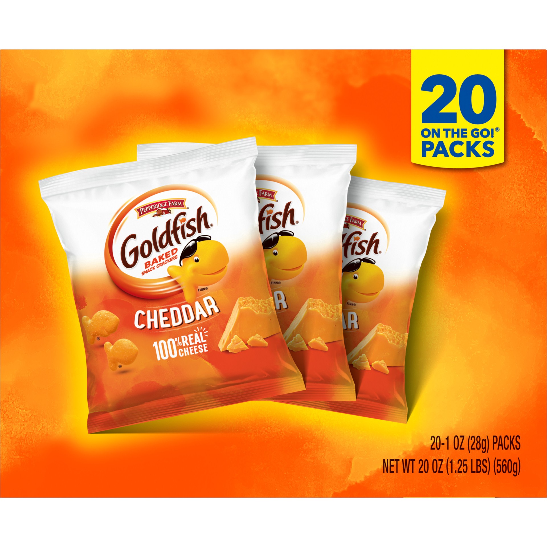 slide 2 of 9, Pepperidge Farm Goldfish Cheddar Cheese Crackers, 1 oz On-the-Go Snack Packs, 20 Count Box, 20 oz