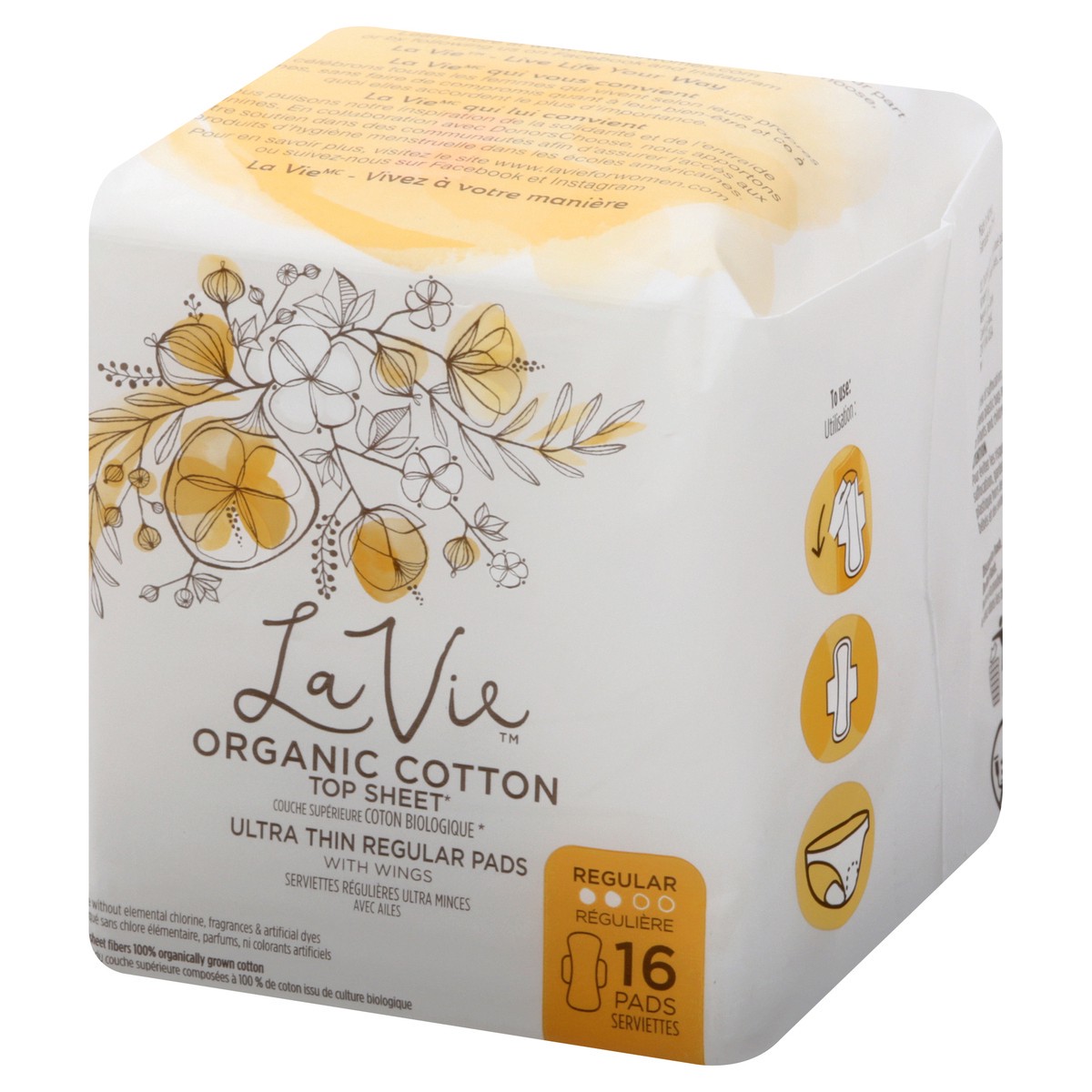 slide 5 of 8, La Vie Organic Cotton Top Sheet Ultra Thin Pads With Wings, 16 ct