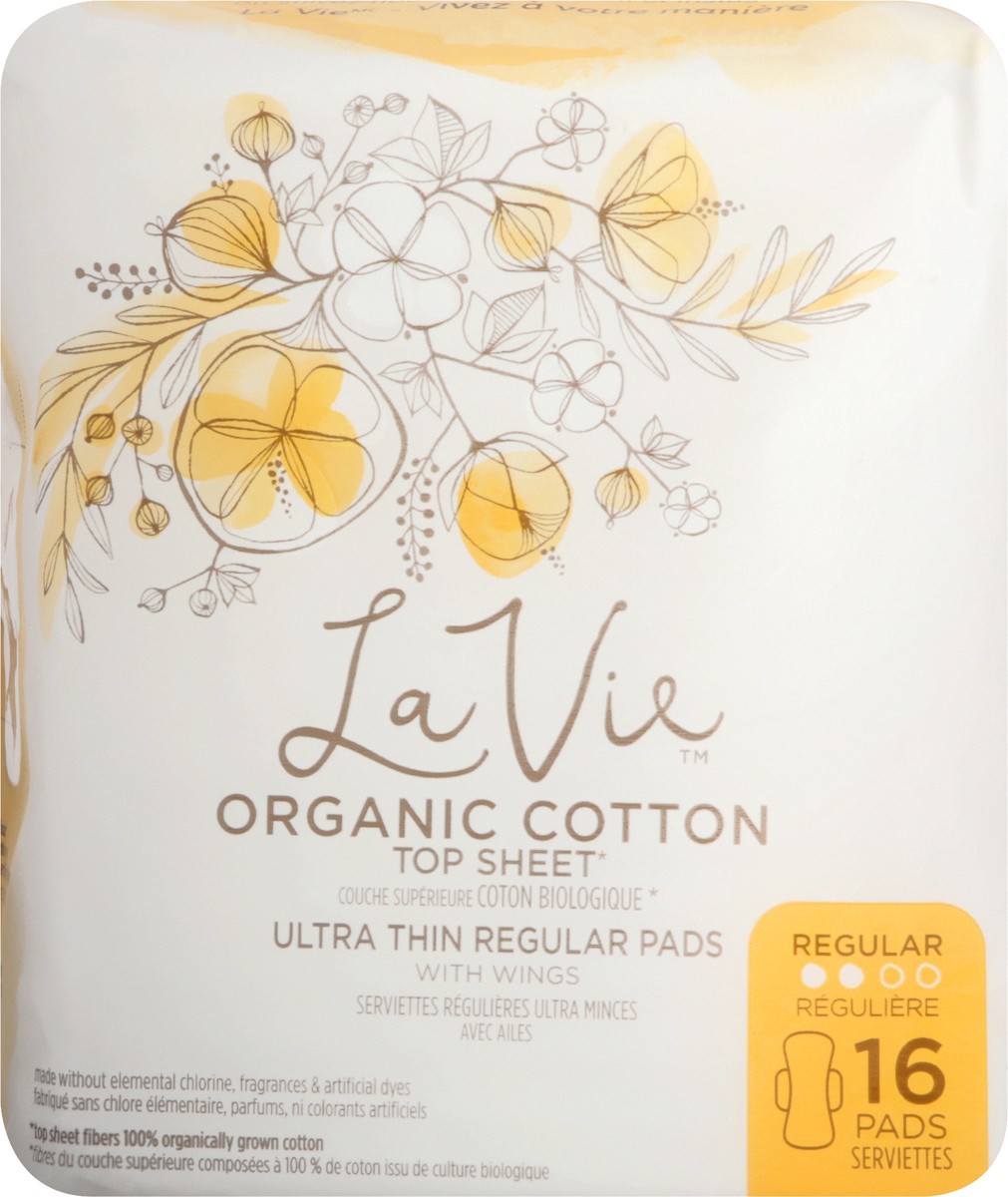 slide 8 of 8, La Vie Organic Cotton Top Sheet Ultra Thin Pads With Wings, 16 ct