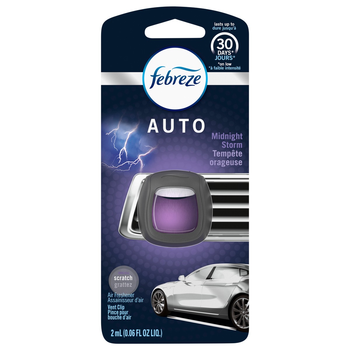 slide 1 of 5, Febreze Car Odor-Eliminating Air Freshener Vent Clip, Midnight Storm, 1 count, 0.06 fl oz