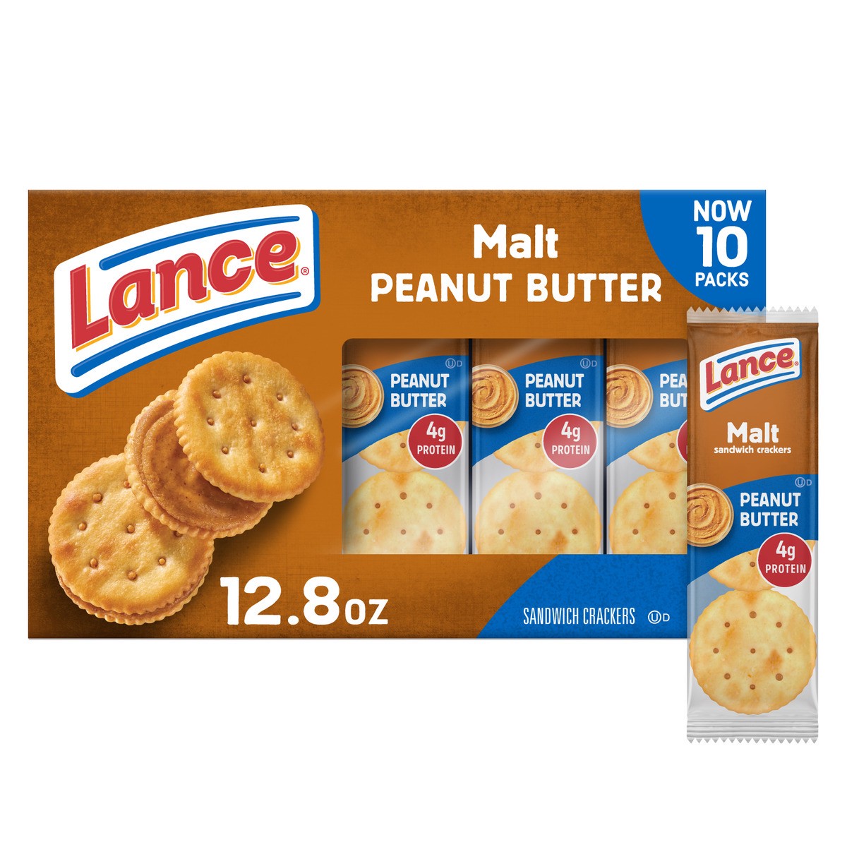 slide 1 of 12, Lance Malt with Peanut Butter Sandwich Crackers, 10 Individually Wrapped Packs, 6 Sandwiches Each, 12.800 oz