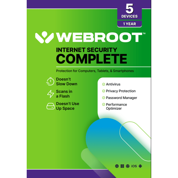 slide 1 of 8, Webroot Internet Security Complete With Antivirus Protection 2020, For 5 Pc And Apple Mac Devices, 1-Year Subscription, Traditional Disc, 1 ct
