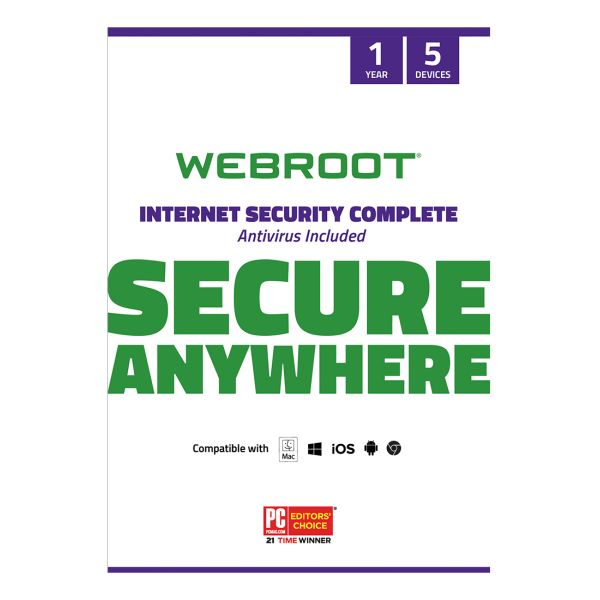 slide 1 of 1, Webroot Internet Security Complete With Antivirus Protection 2020, For 5 Pc And Apple Mac Devices, 1-Year Subscription, Traditional Disc, 1 ct