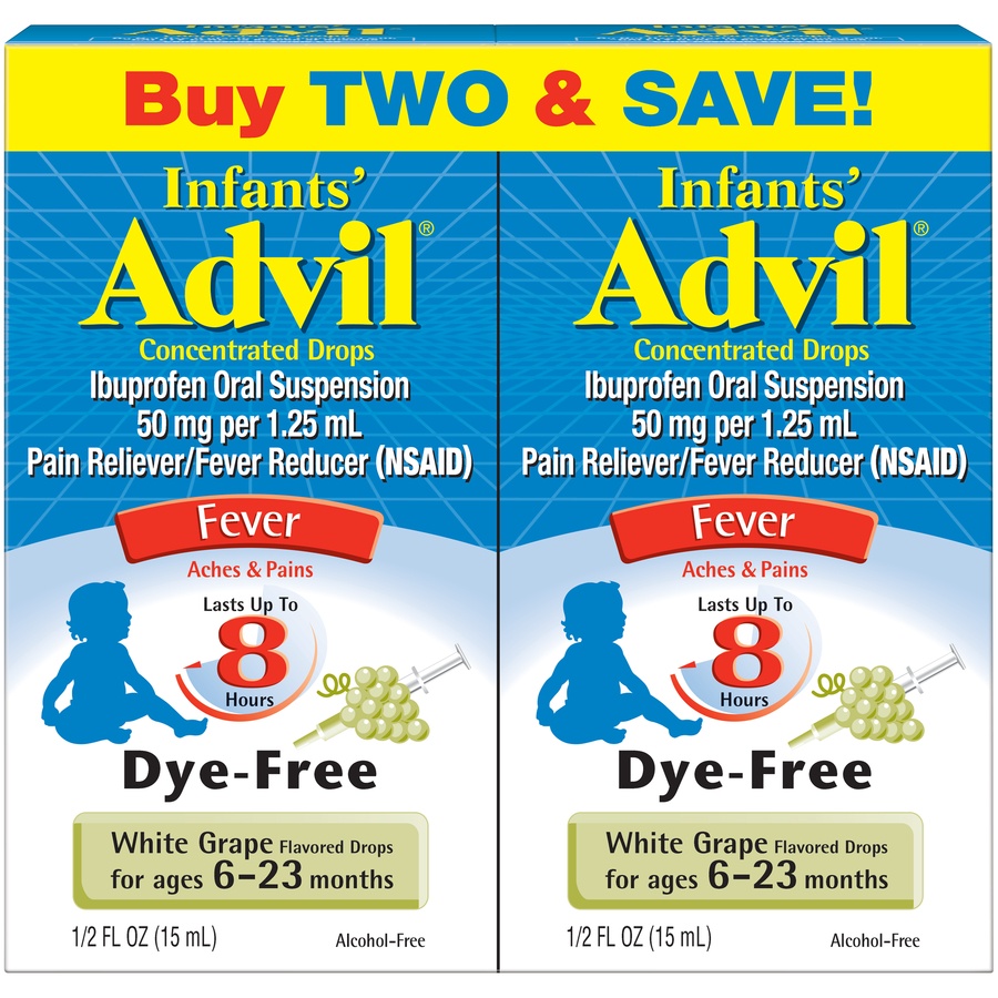 slide 1 of 7, Infants' Advil Concentrated Drops Fever Reducer Pain Reliever (Ibuprofen) in Dye-Free White Grape Flavor 50mg, 2 ct; 0.5 fl oz