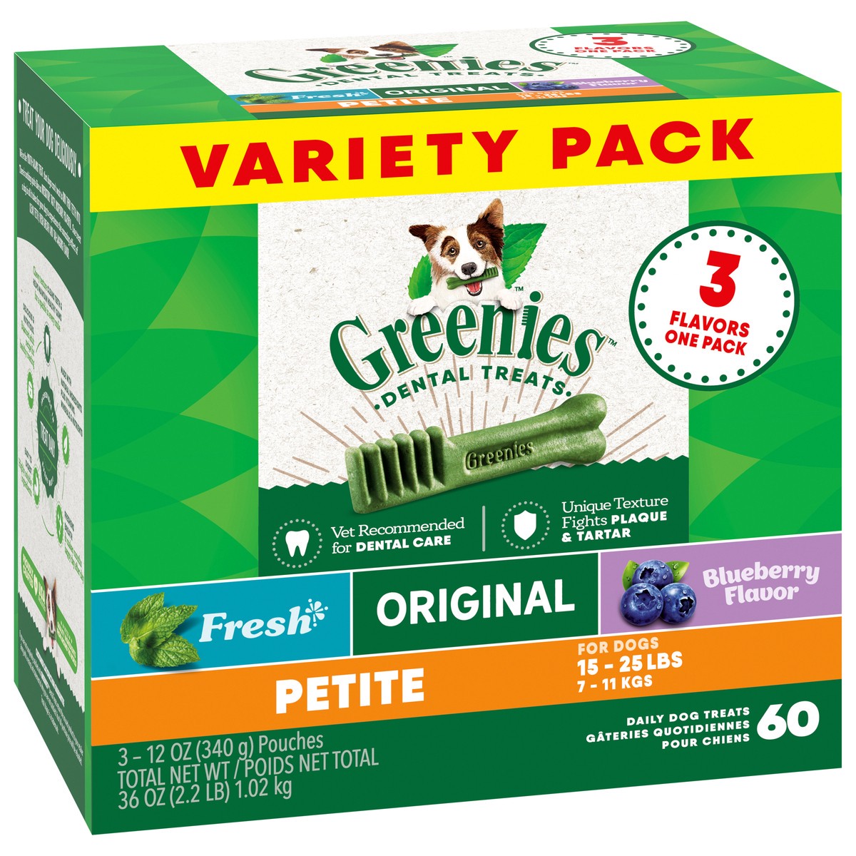 slide 2 of 9, Greenies 15-25 lbs (7-11 kgs) Petite Dental Daily Dog Treats Variety Pack 3 Pouches, 36 oz