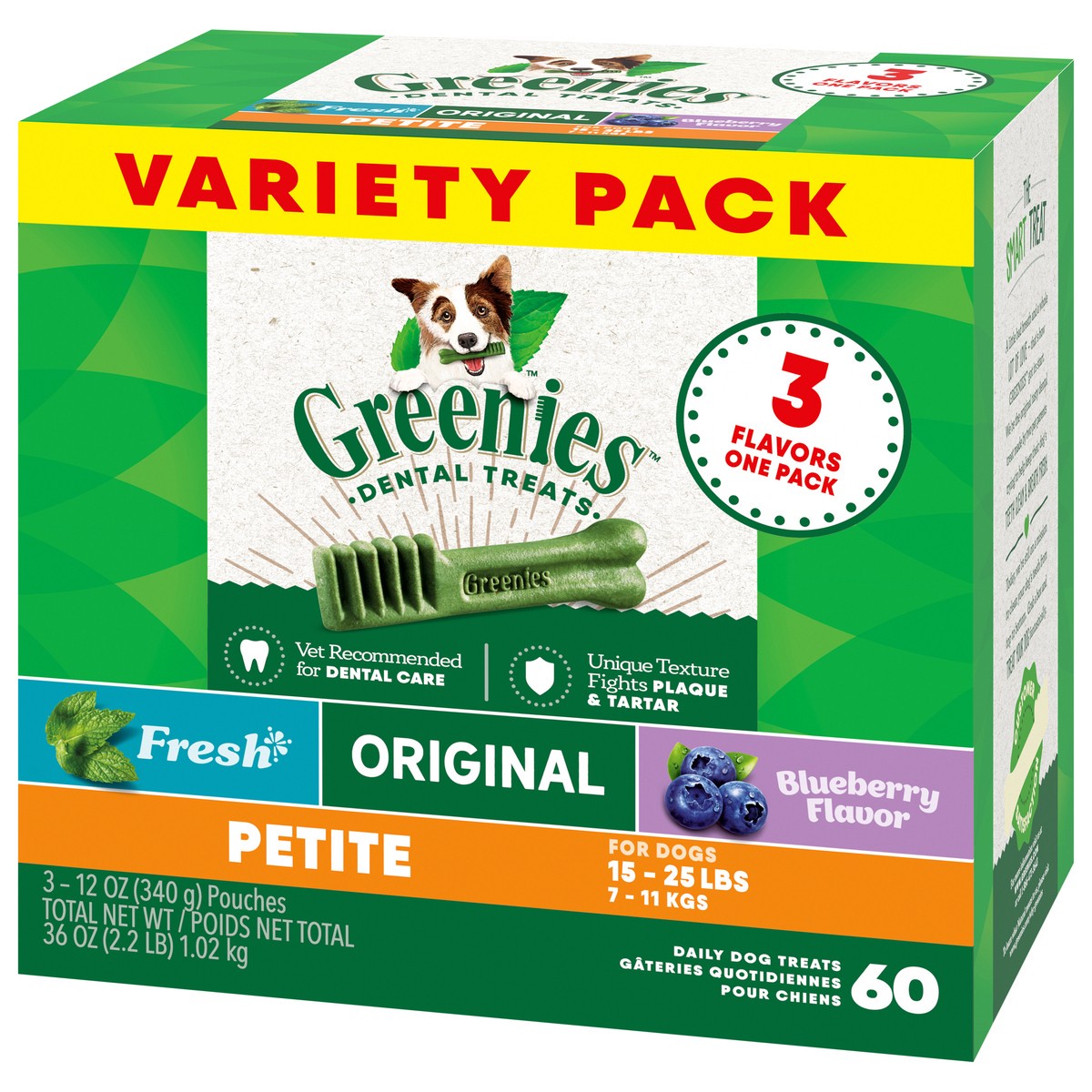 slide 3 of 9, Greenies 15-25 lbs (7-11 kgs) Petite Dental Daily Dog Treats Variety Pack 3 Pouches, 36 oz