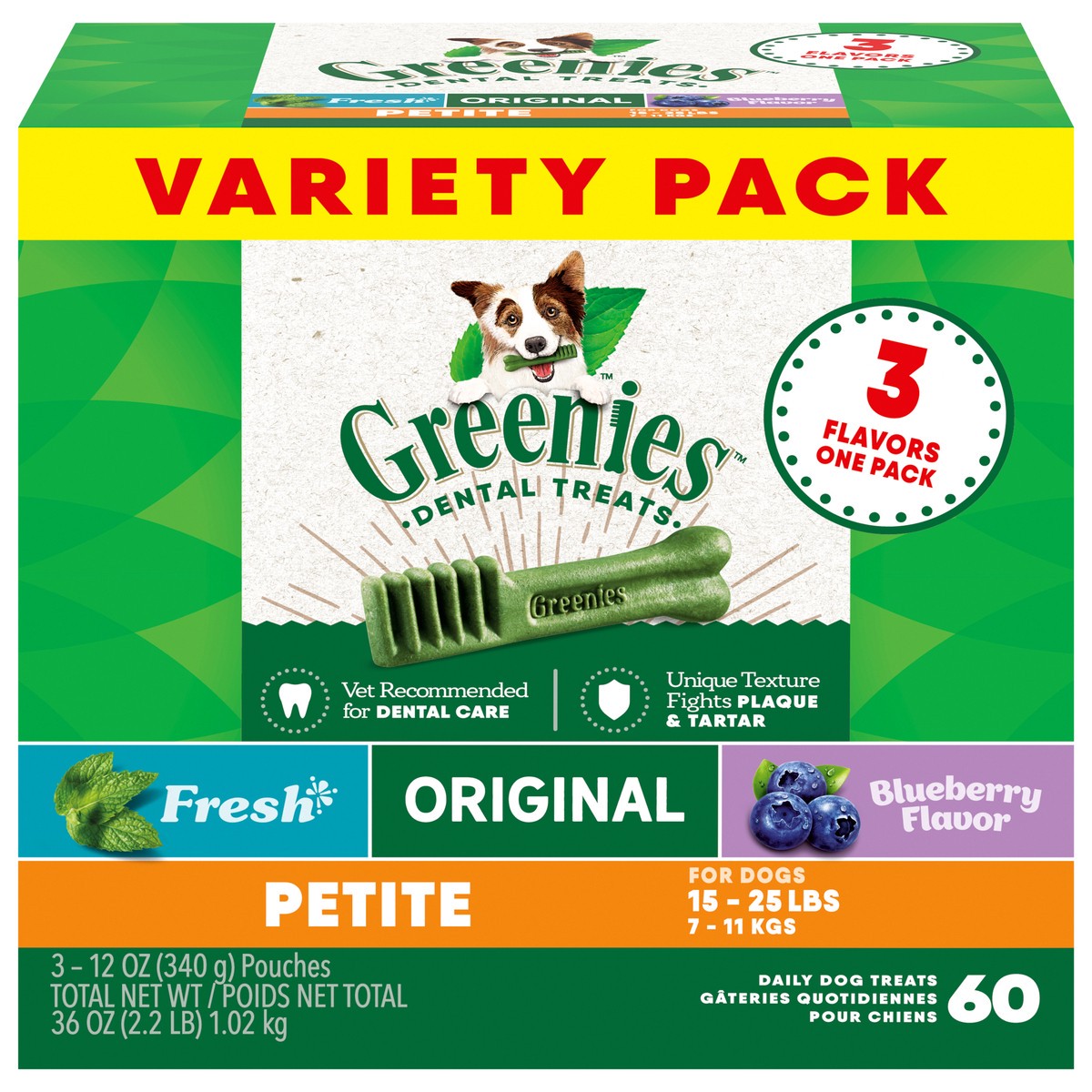 slide 1 of 9, Greenies 15-25 lbs (7-11 kgs) Petite Dental Daily Dog Treats Variety Pack 3 Pouches, 36 oz