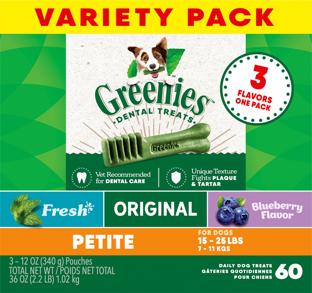 slide 6 of 9, Greenies 15-25 lbs (7-11 kgs) Petite Dental Daily Dog Treats Variety Pack 3 Pouches, 36 oz