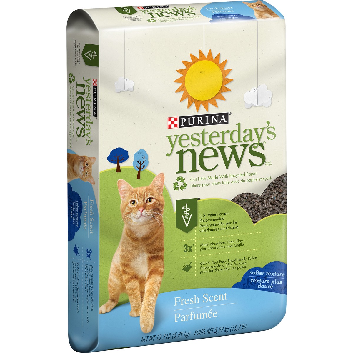 slide 3 of 9, Purina Yesterday's News Non Clumping Paper Cat Litter, Fresh Scent Low Tracking Cat Litter, 13.20 lb