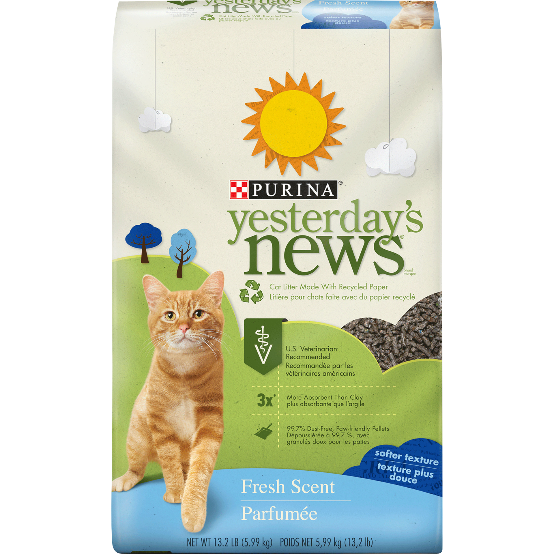 slide 1 of 9, Purina Yesterday's News Non Clumping Paper Cat Litter, Fresh Scent Low Tracking Cat Litter, 13.20 lb