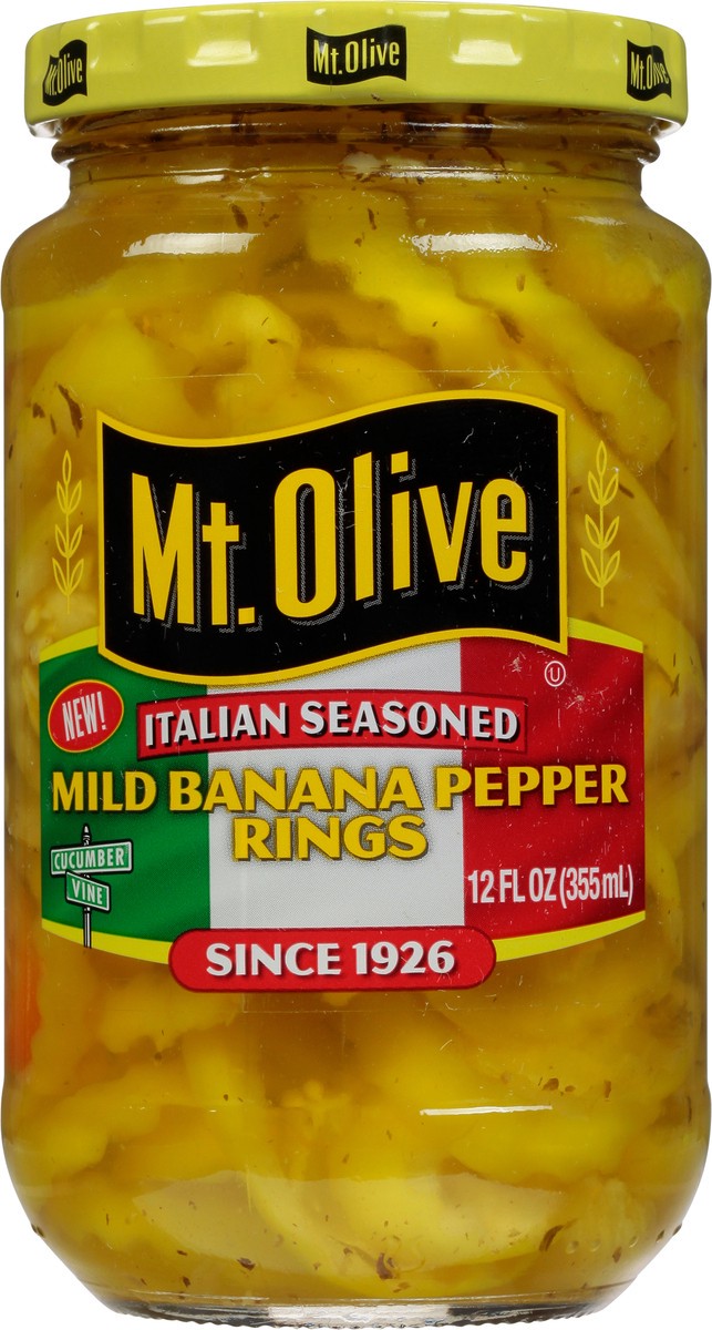 slide 1 of 7, Mt. Olive Italian Seasoned Mild Banana Pepper Rings - 12 fl oz, 12 oz
