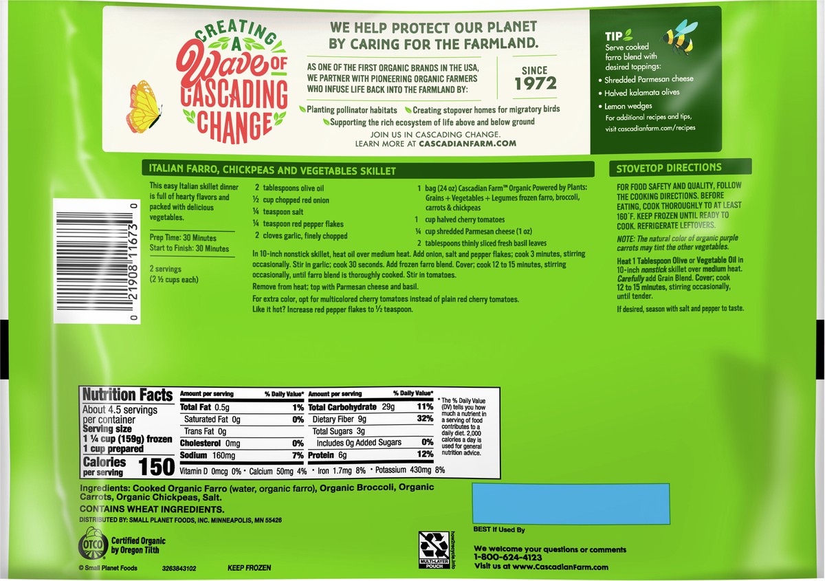 slide 7 of 9, Cascadian Farm Organic Powered By Plants Frozen Vegetables – Farro, Broccoli, Carrots, Chickpeas, 24 oz., 24 oz