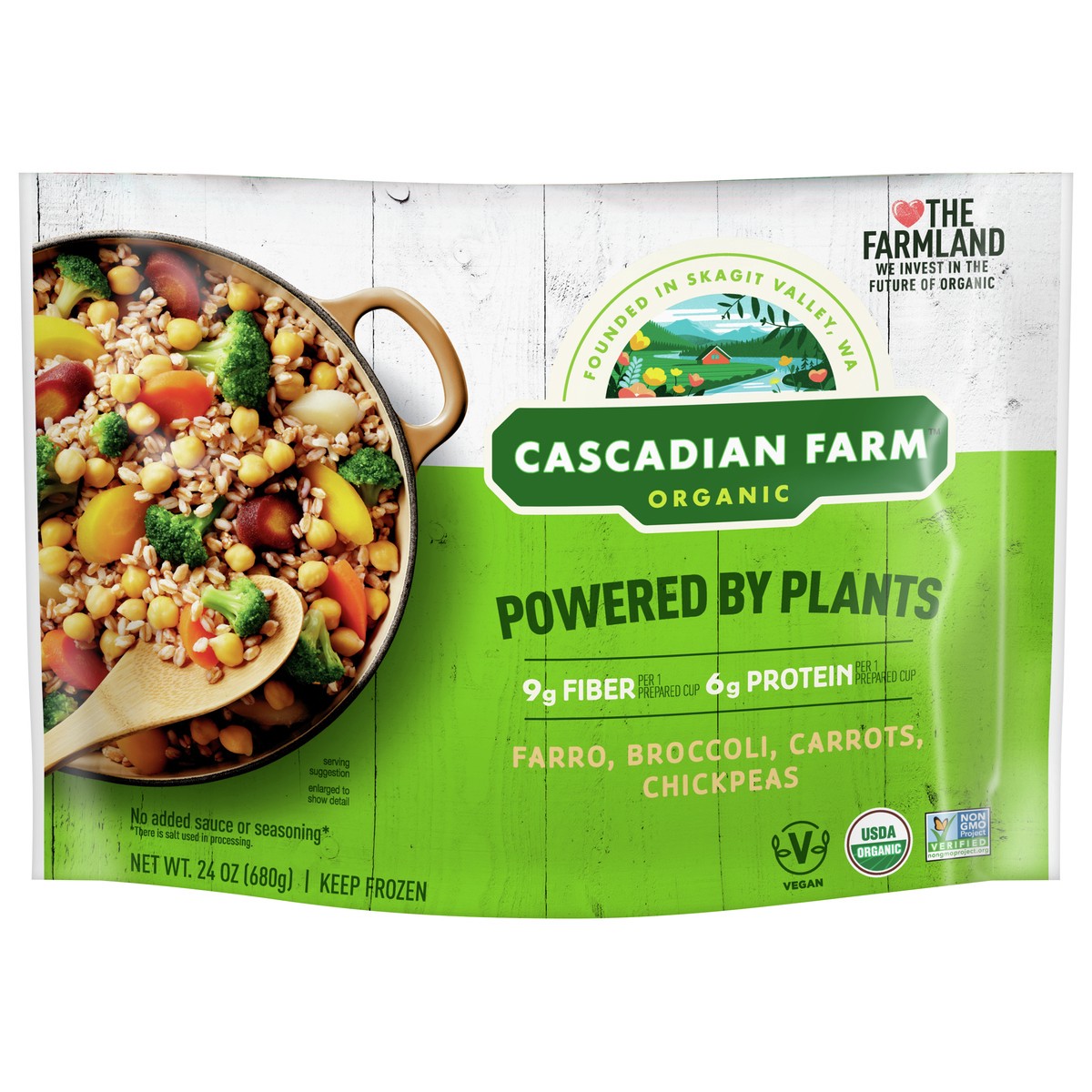 slide 1 of 9, Cascadian Farm Organic Powered By Plants Frozen Vegetables – Farro, Broccoli, Carrots, Chickpeas, 24 oz., 24 oz