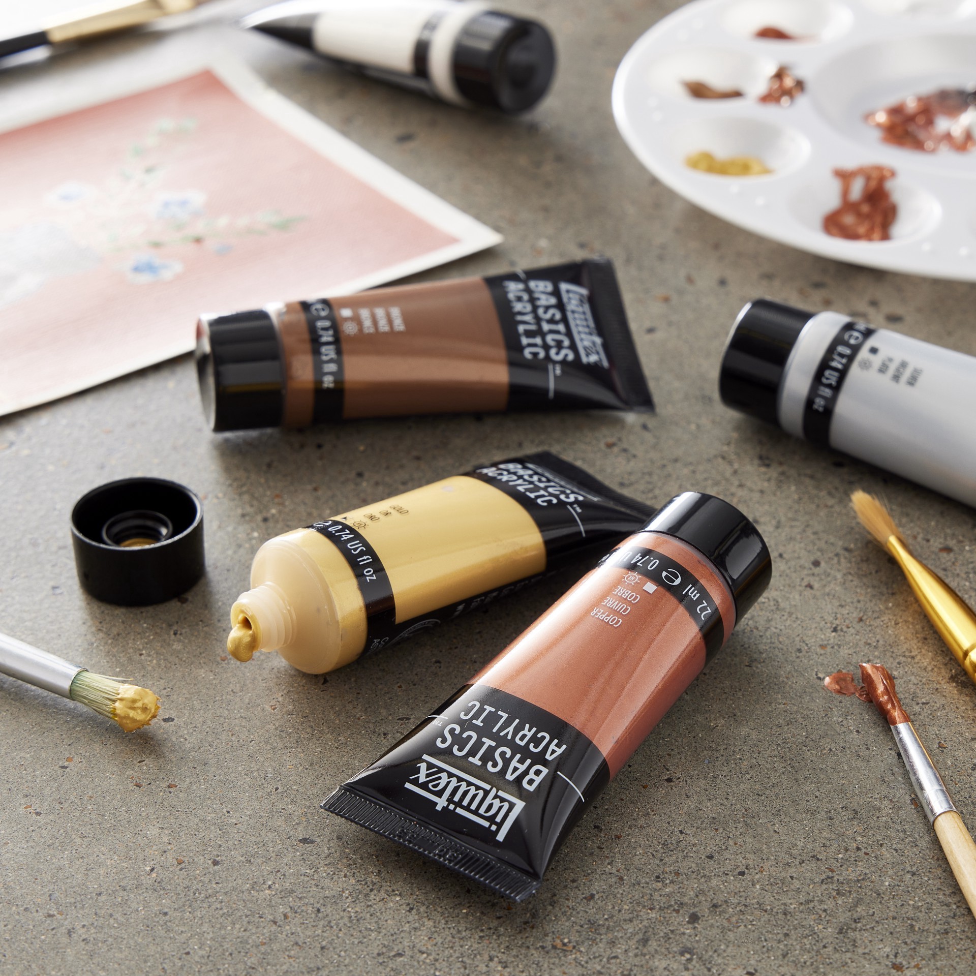 slide 6 of 6, Liquitex Basics Metallic & Iridescent 6 Color Acrylic Paint Set, 22 ml