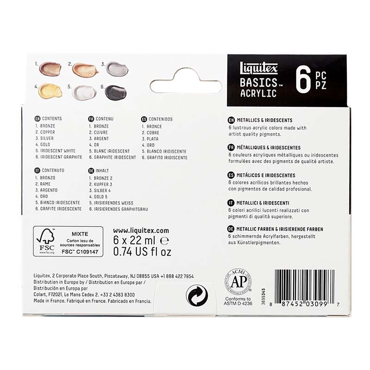 slide 4 of 6, Liquitex Basics Metallic & Iridescent 6 Color Acrylic Paint Set, 22 ml