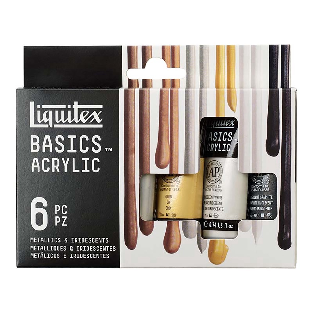 slide 2 of 6, Liquitex Basics Metallic & Iridescent 6 Color Acrylic Paint Set, 22 ml
