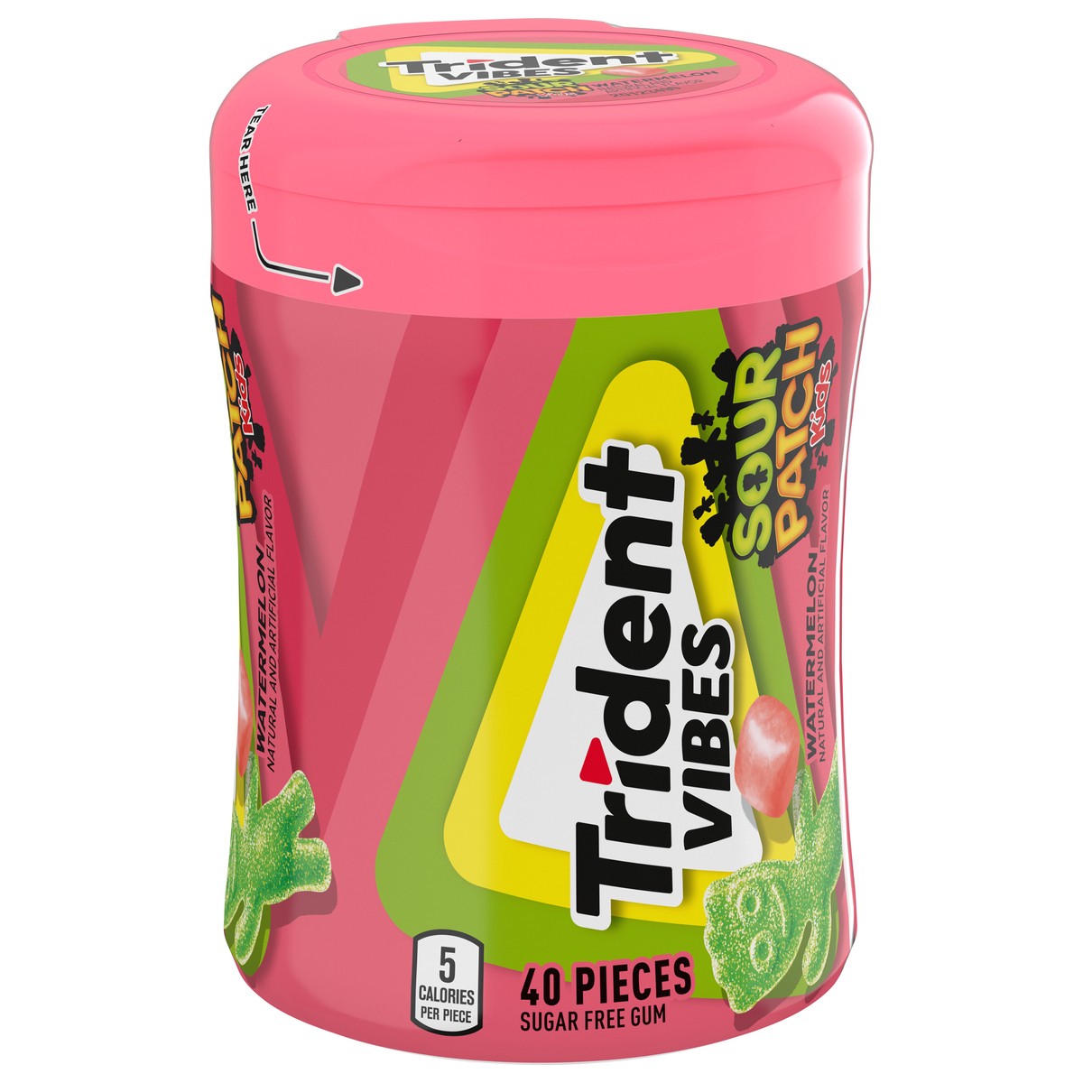 slide 2 of 9, Trident Vibes SOUR PATCH KIDS Watermelon Sugar Free Gum, 40 Piece Bottle, 3.25 oz