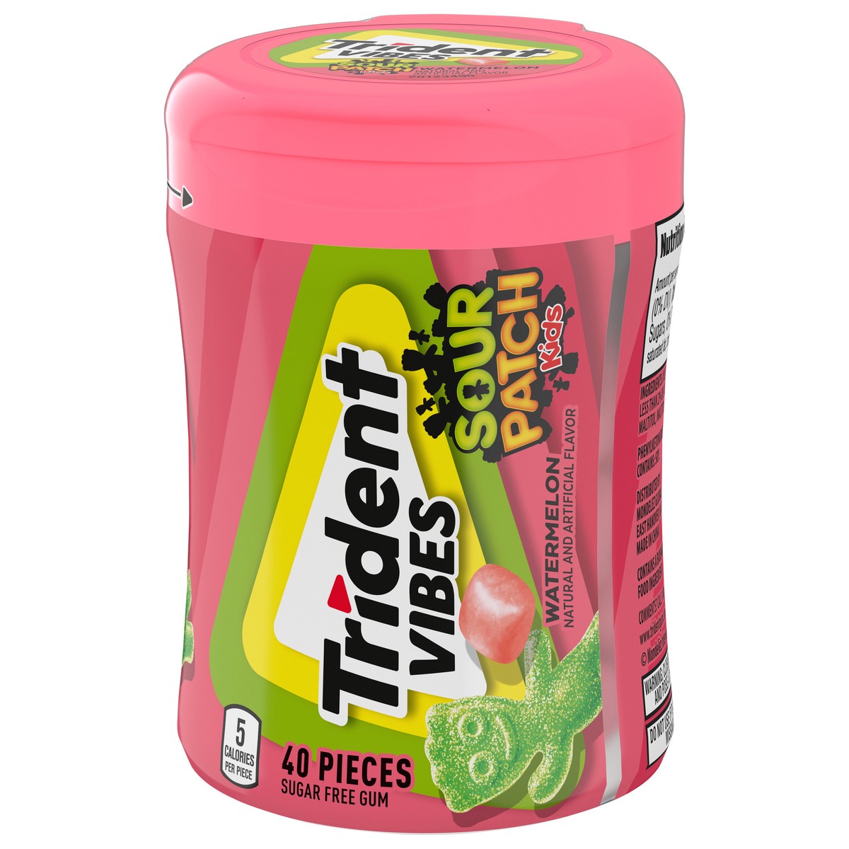 slide 5 of 9, Trident Vibes SOUR PATCH KIDS Watermelon Sugar Free Gum, 40 Piece Bottle, 3.25 oz