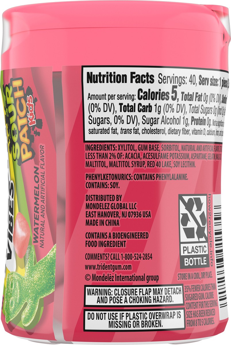 slide 7 of 9, Trident Vibes SOUR PATCH KIDS Watermelon Sugar Free Gum, 40 Piece Bottle, 3.25 oz