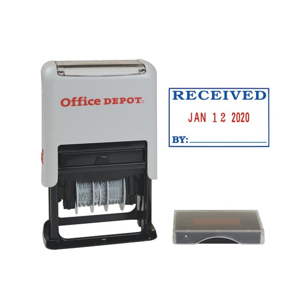 slide 1 of 2, Office Depot Brand Received Date Stamp Dater, Self-Inking With Extra Pad, Received Date Stamp Dater, 1'' X 1-3/4'' Impression, Red And Black Ink, 1 ct