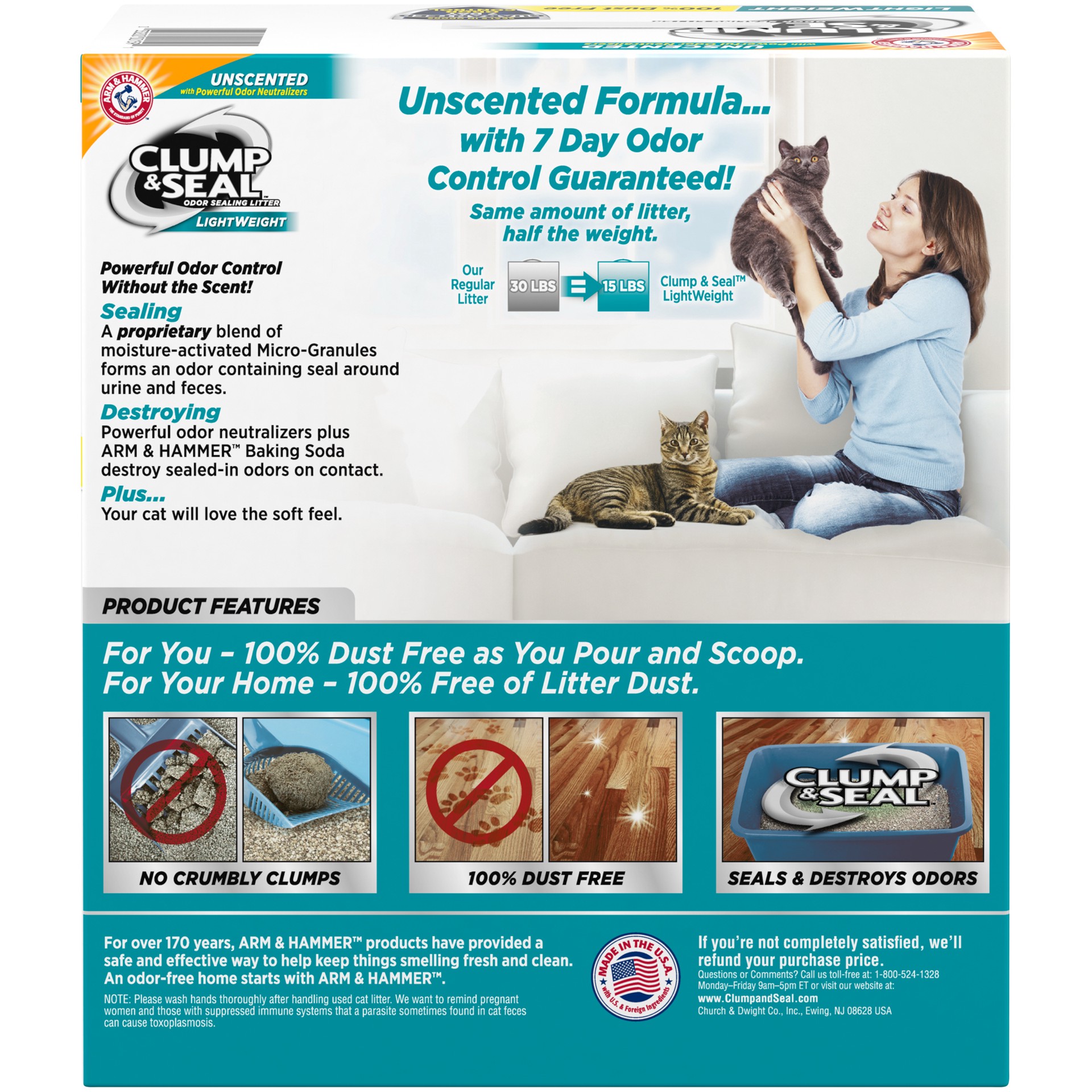 slide 4 of 5, ARM & HAMMER Clump & Seal Lightweight Unscented Clumping Cat Litter, 15 lb