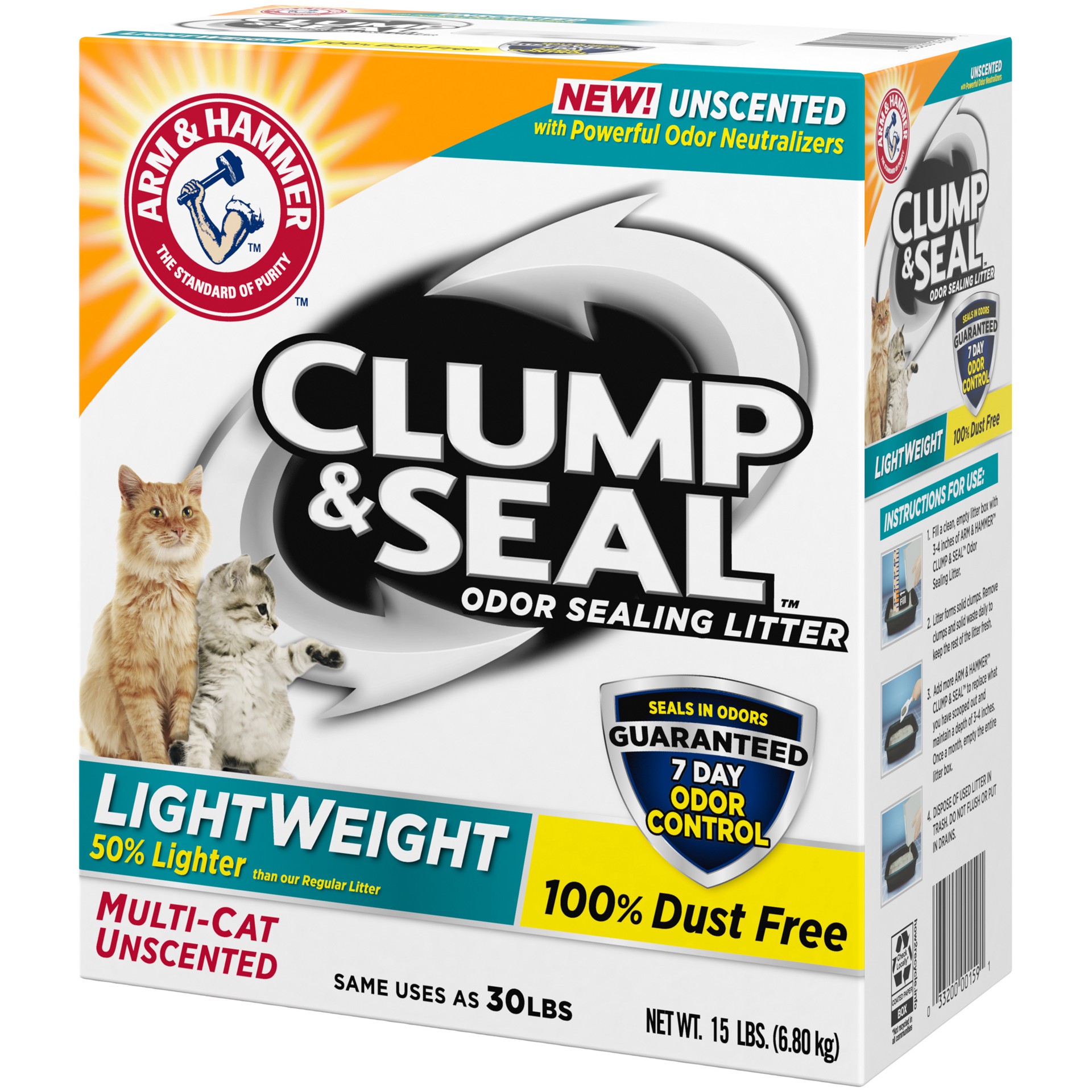 slide 5 of 5, ARM & HAMMER Clump & Seal Lightweight Unscented Clumping Cat Litter, 15 lb