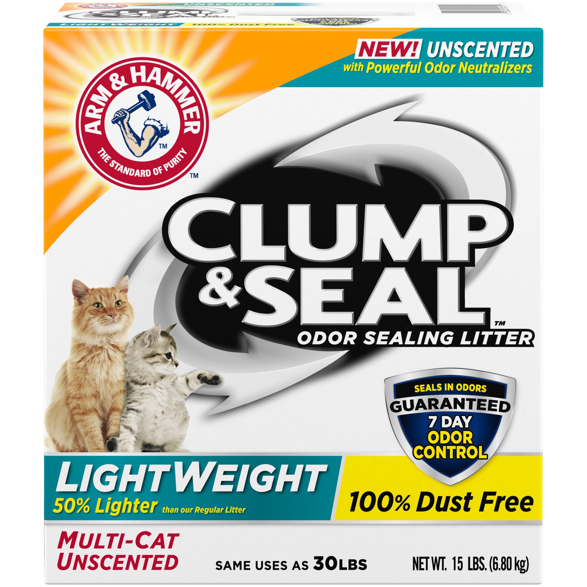 slide 1 of 5, ARM & HAMMER Clump & Seal Lightweight Unscented Clumping Cat Litter, 15 lb