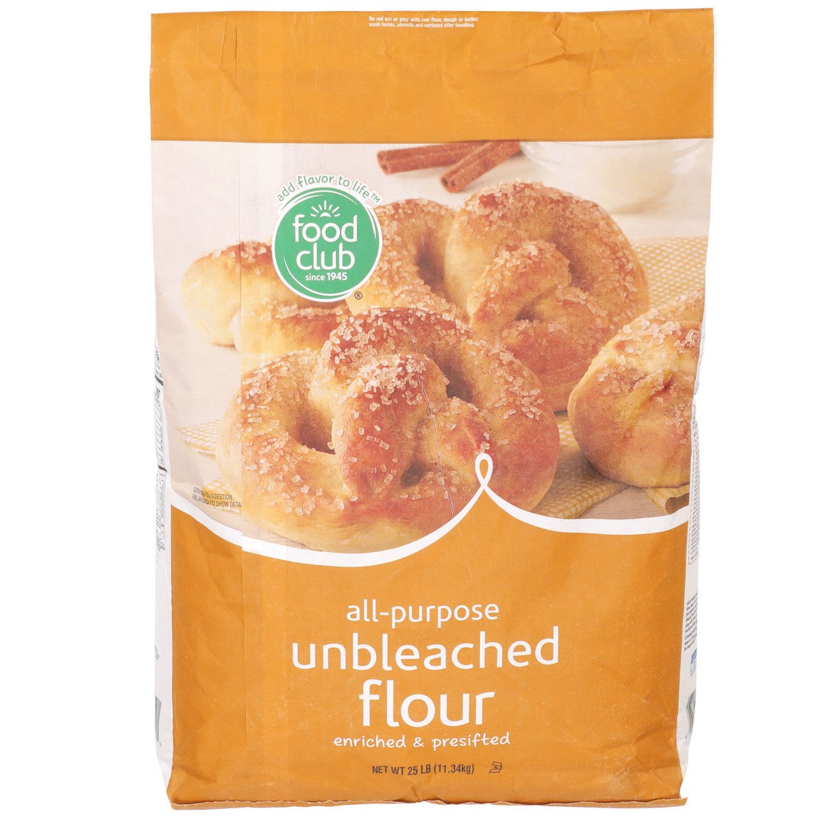 slide 1 of 9, Food Club Enriched & Presifted All-purpose Unbleached Flour, 25 lb